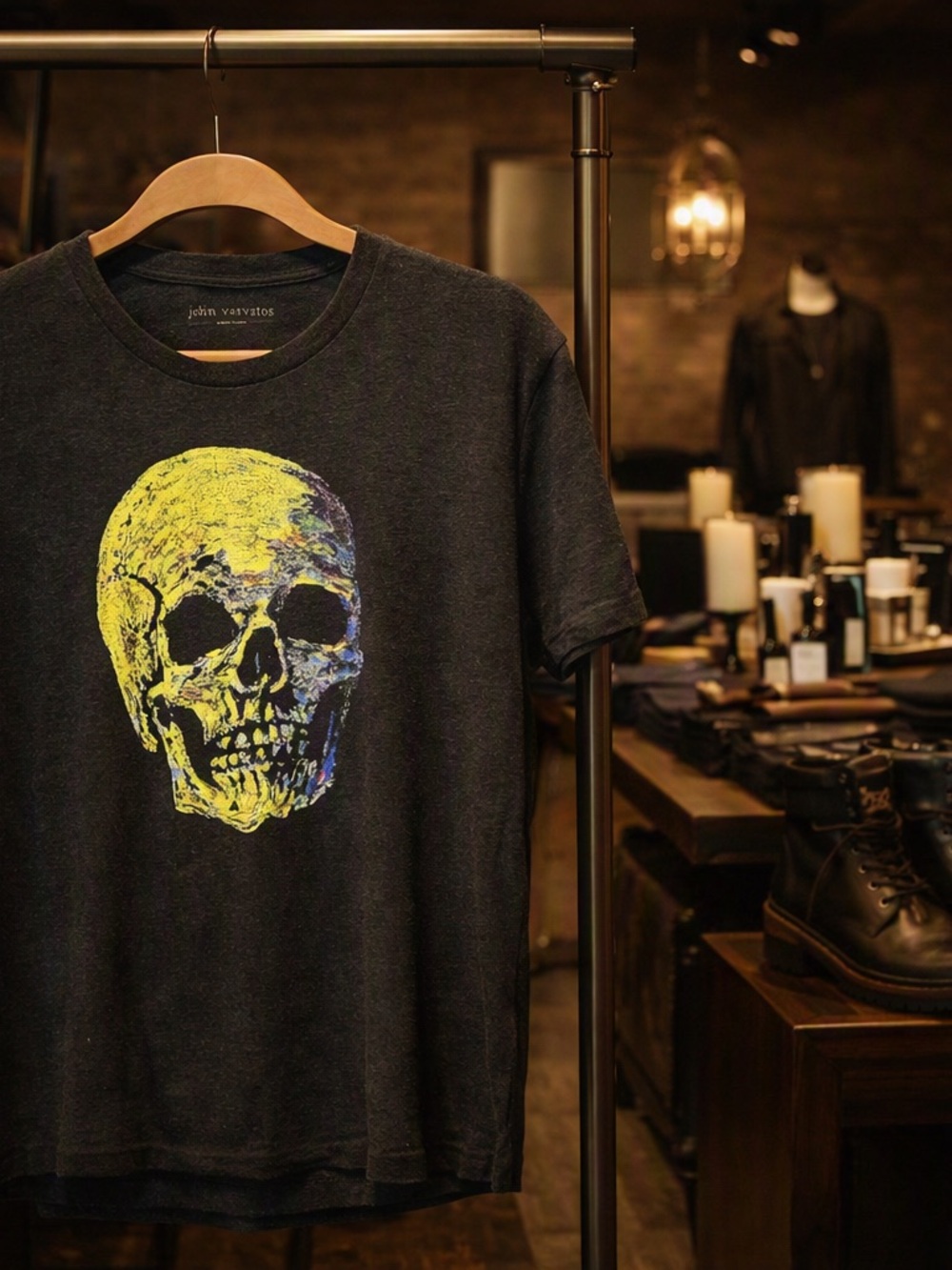 John Varvatos Black Short-Sleeve Tee with Yellow Skull Graphic